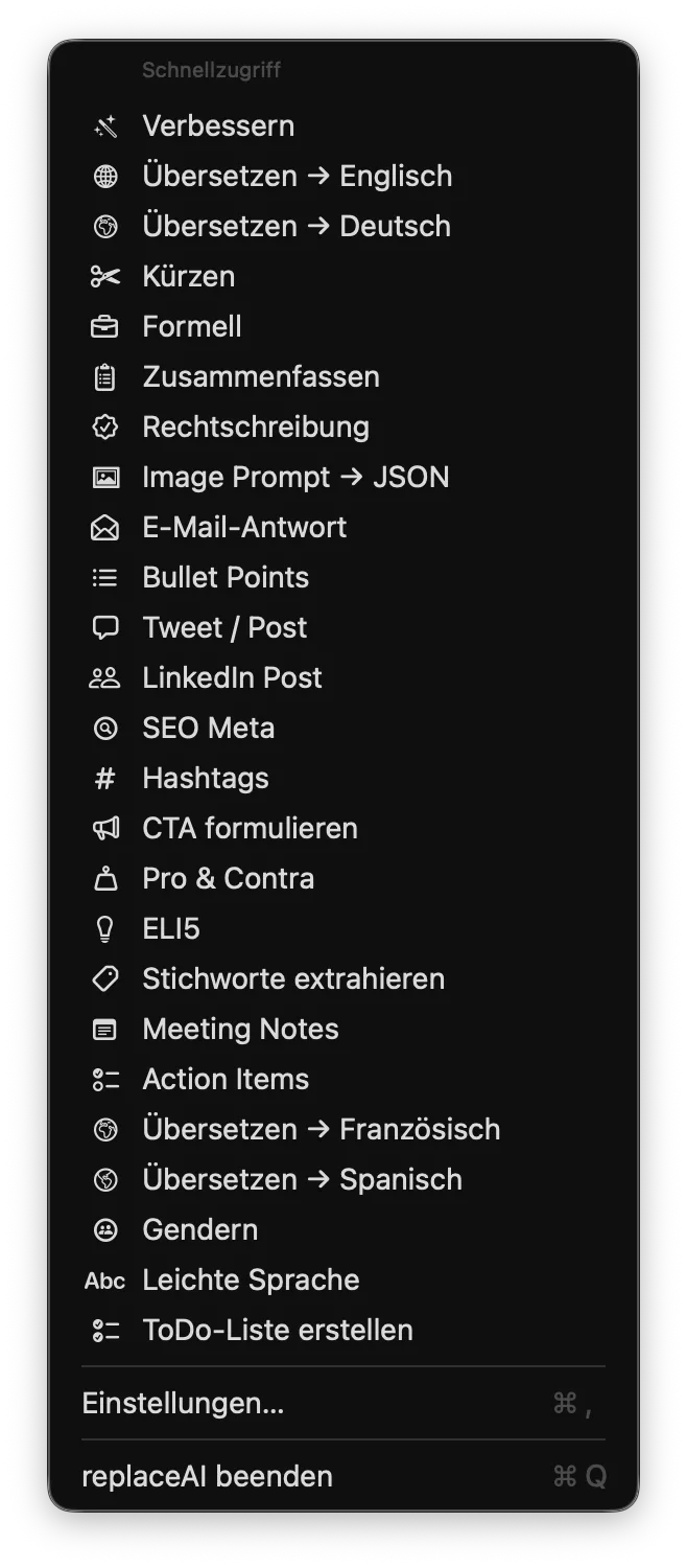 replaceAI menu screenshot in German