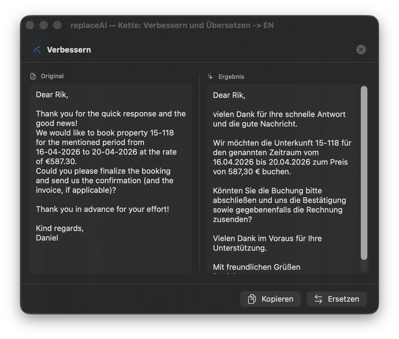 replaceAI translation result screenshot in German